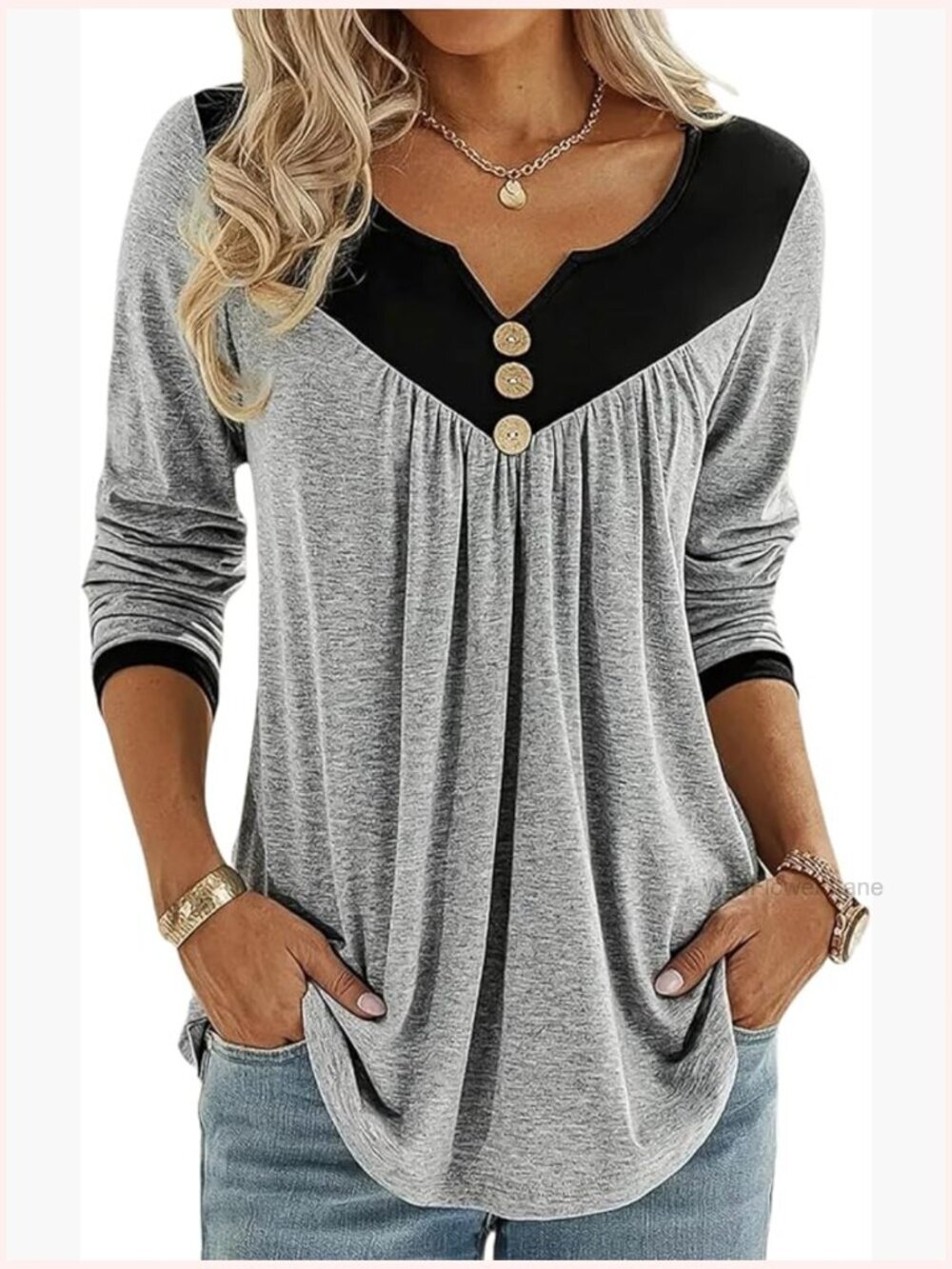 Long Sleeve V-Neck Notched Neck Colorblock Button Front Knit Peplum Top